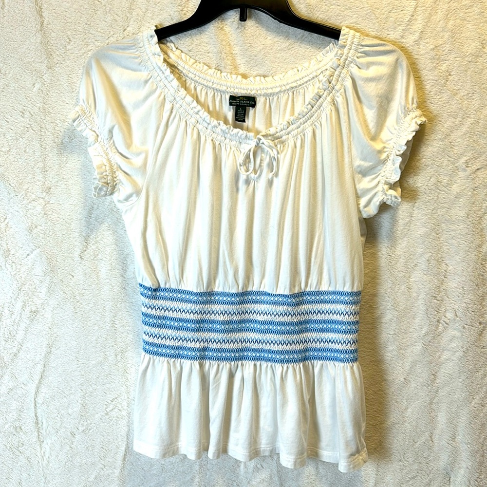 Lauren Jeans Co. white shirt with elastic middle with blue stitching